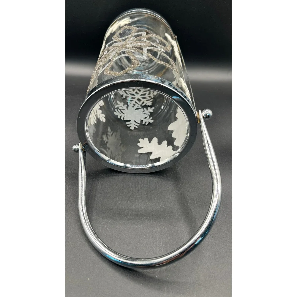 Silver Snowflake Glass Cylinder Candle Lantern Chrome Handle Winter Decor 10.25